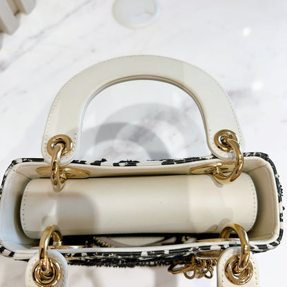 Lady Dior Mini White Leather and Black Embroidered&nbsp;