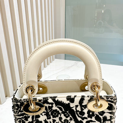 Lady Dior Mini White Leather and Black Embroidered&nbsp;