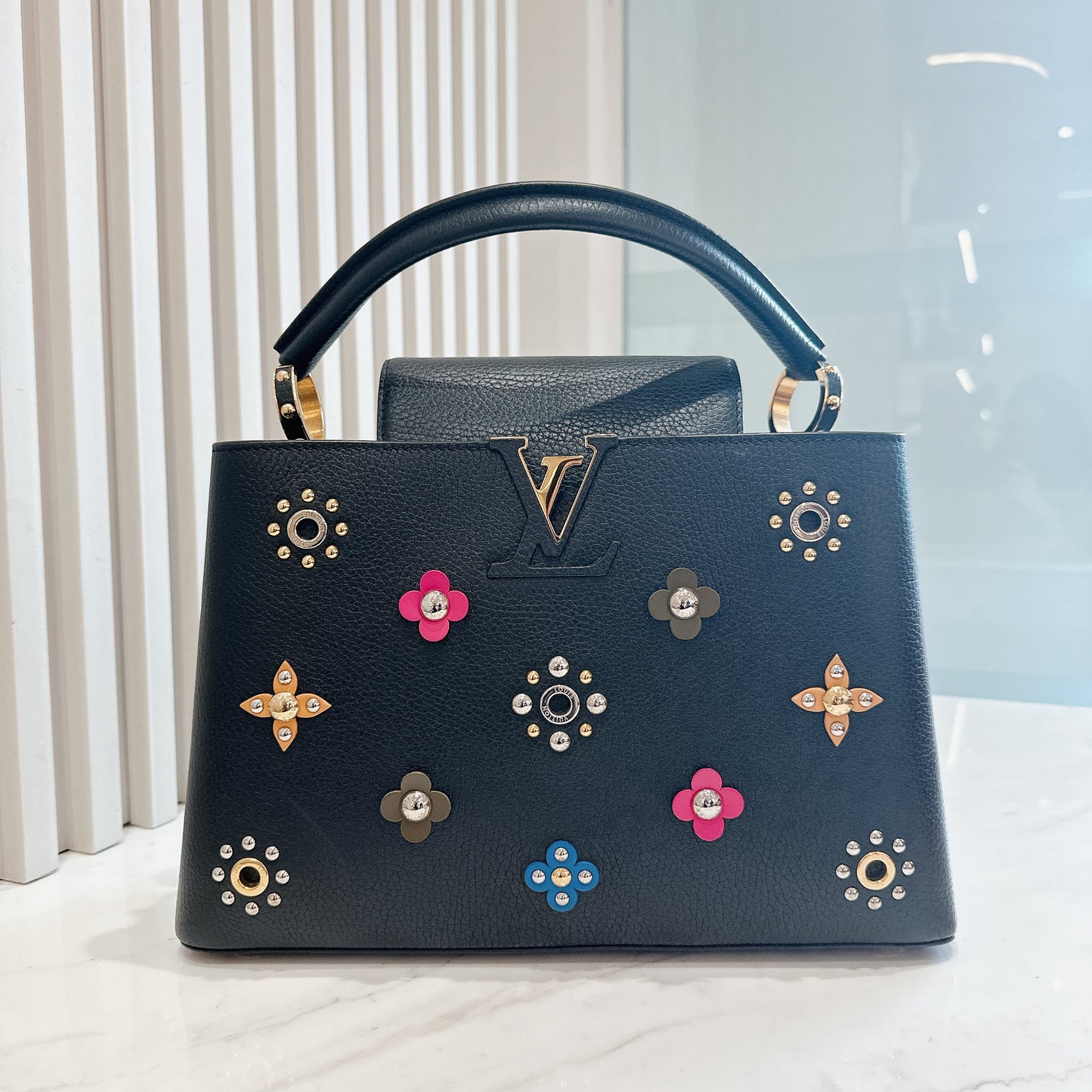 LV Mechanical Flowers Capucines MM in Black Taurillon
