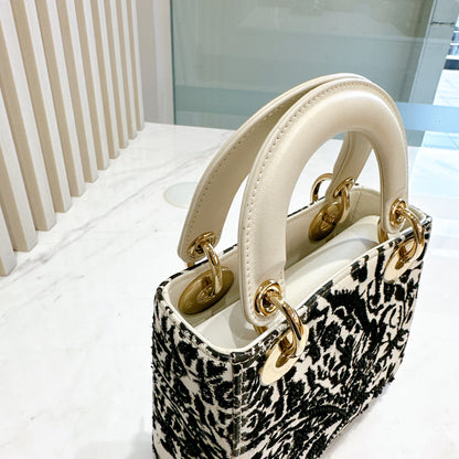 Lady Dior Mini White Leather and Black Embroidered&nbsp;