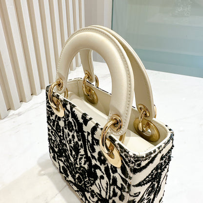 Lady Dior Mini White Leather and Black Embroidered&nbsp;