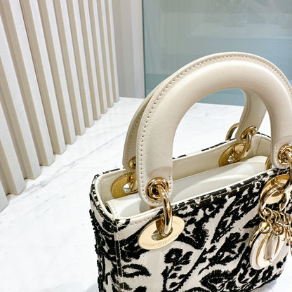 Lady Dior Mini White Leather and Black Embroidered&nbsp;