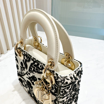 Lady Dior Mini White Leather and Black Embroidered&nbsp;