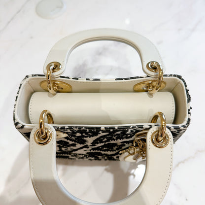 Lady Dior Mini White Leather and Black Embroidered&nbsp;