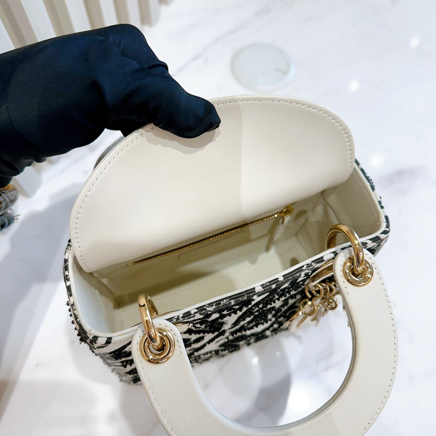 Lady Dior Mini White Leather and Black Embroidered&nbsp;
