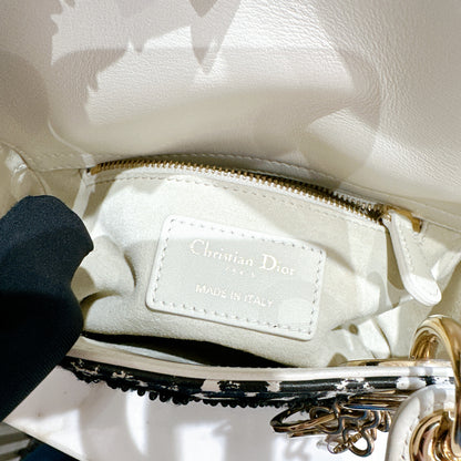 Lady Dior Mini White Leather and Black Embroidered&nbsp;
