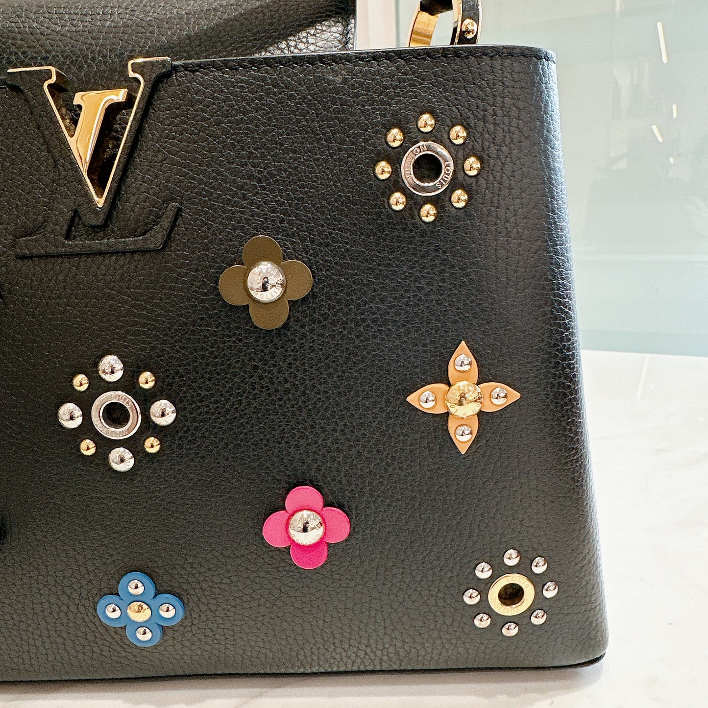 LV Mechanical Flowers Capucines MM in Black Taurillon