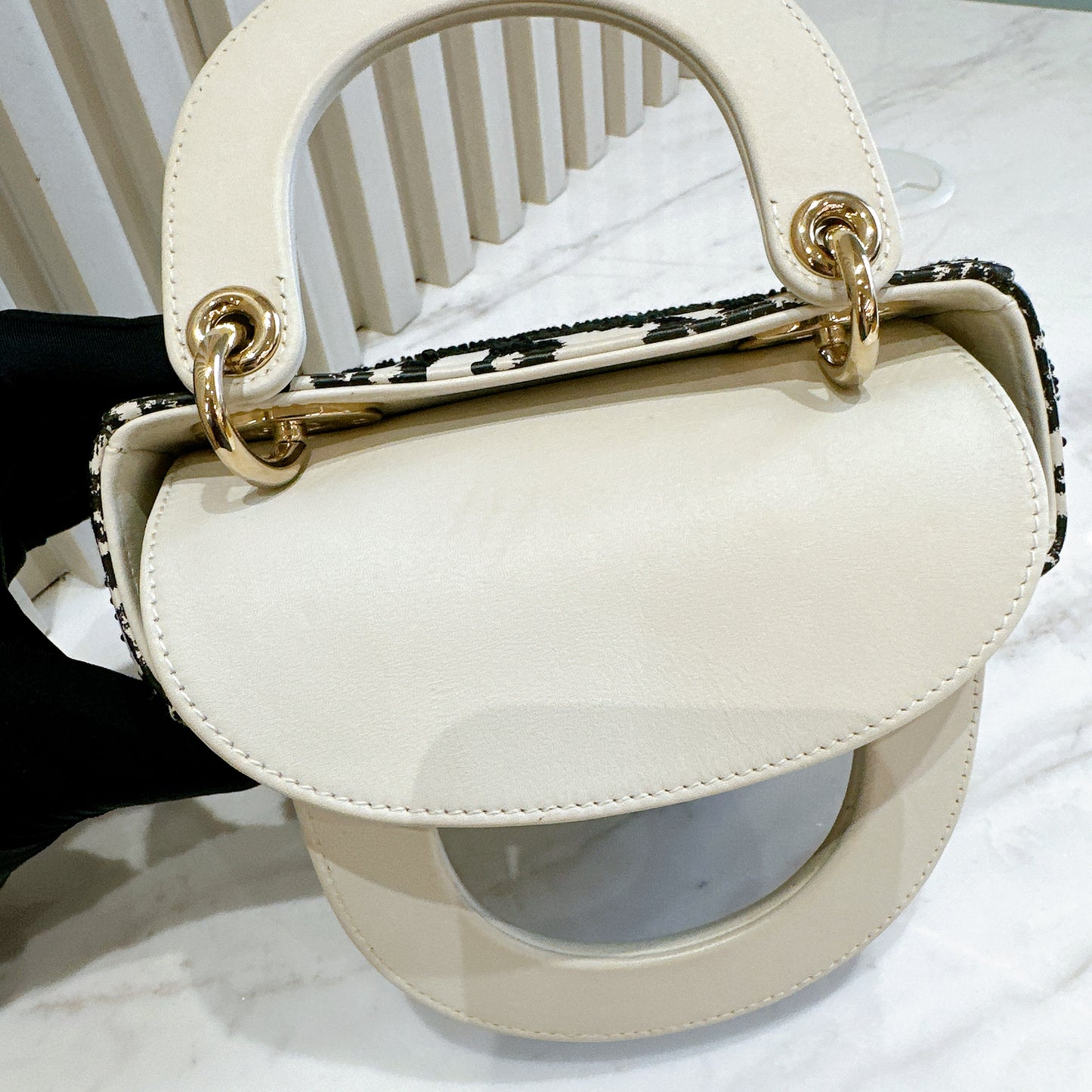Lady Dior Mini White Leather and Black Embroidered&nbsp;