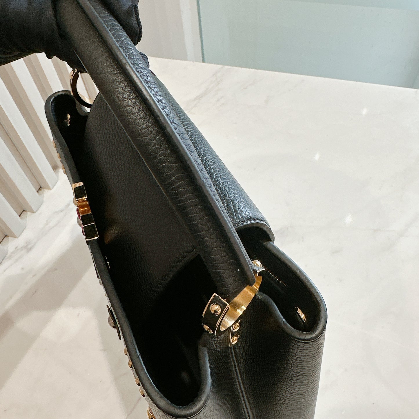 LV Mechanical Flowers Capucines MM in Black Taurillon
