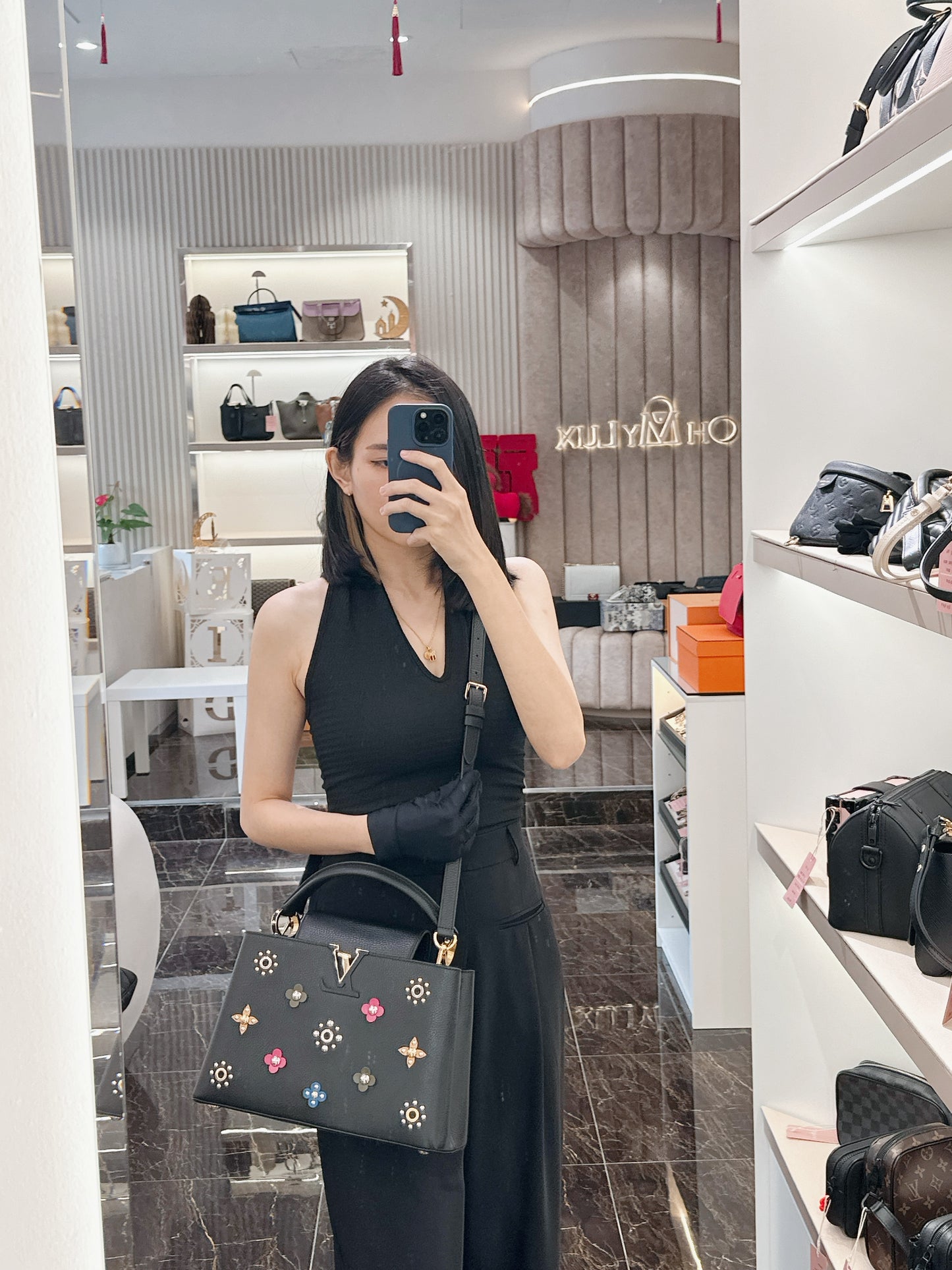 LV Mechanical Flowers Capucines MM in Black Taurillon
