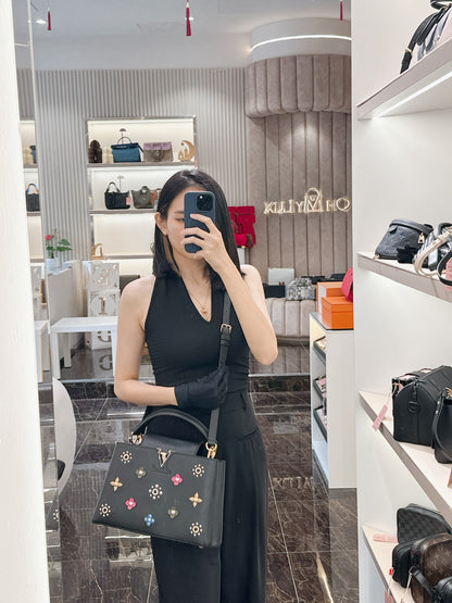 LV Mechanical Flowers Capucines MM in Black Taurillon