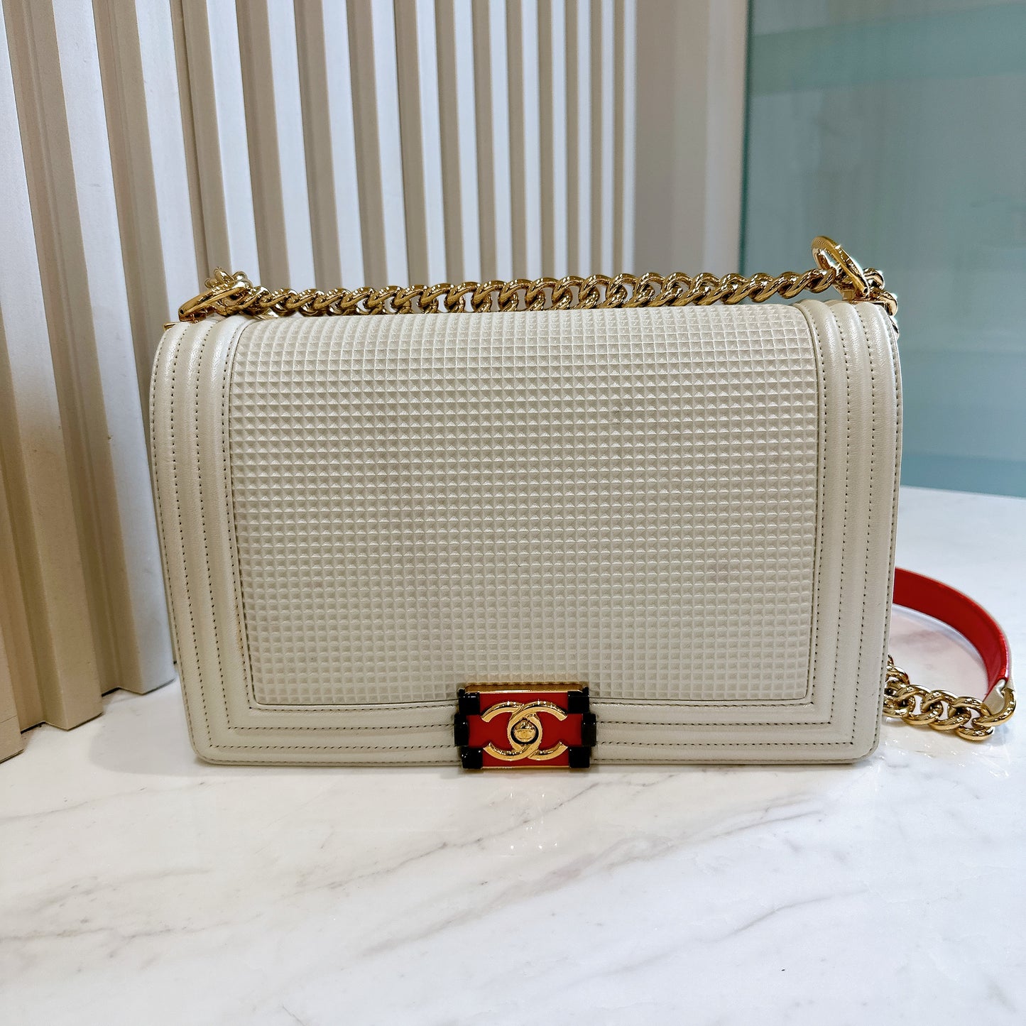 Chanel Metallic White Cube Embossed Leboy