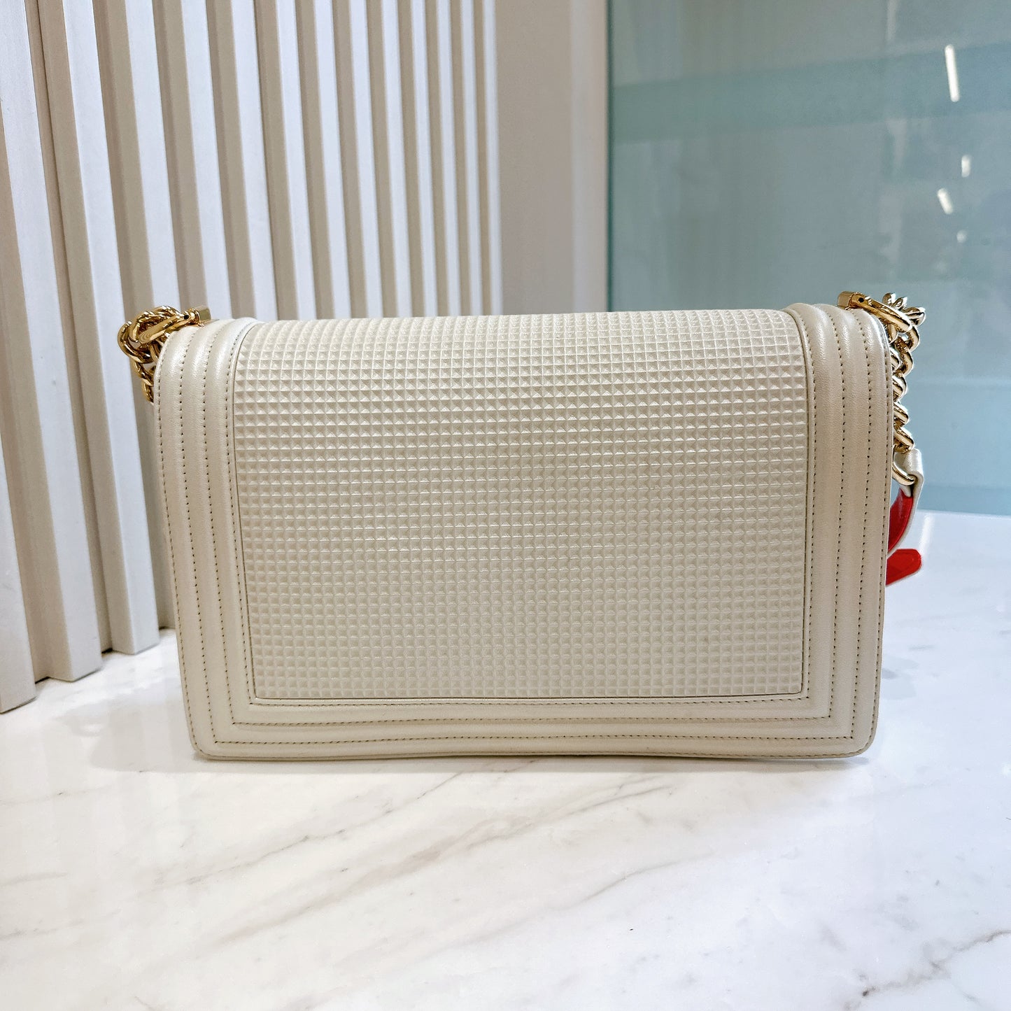 Chanel Metallic White Cube Embossed Leboy