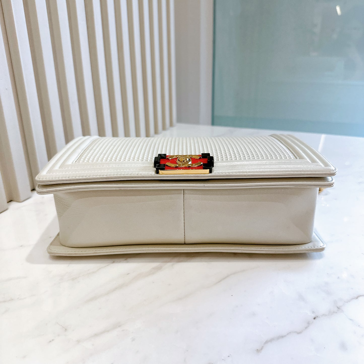 Chanel Metallic White Cube Embossed Leboy
