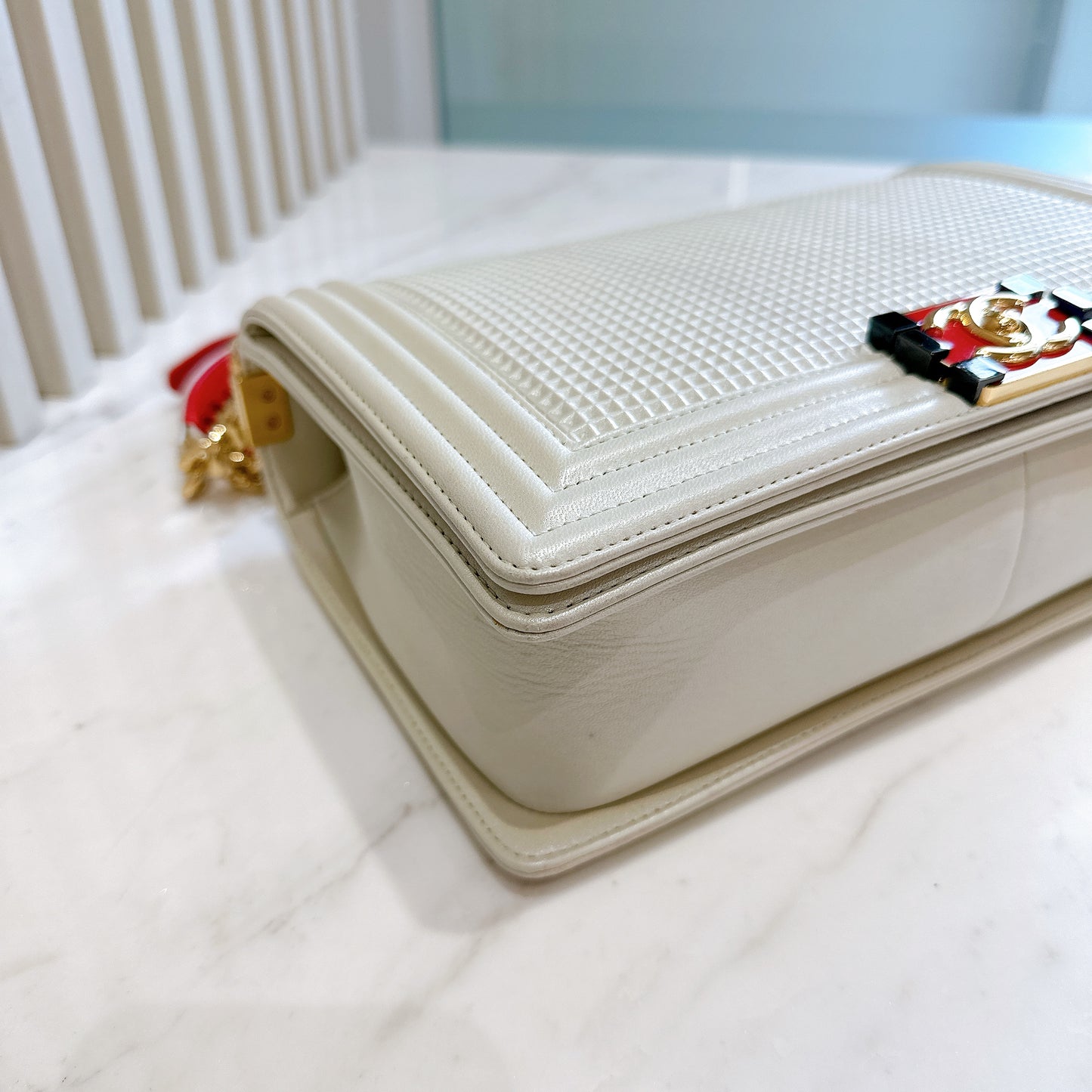 Chanel Metallic White Cube Embossed Leboy