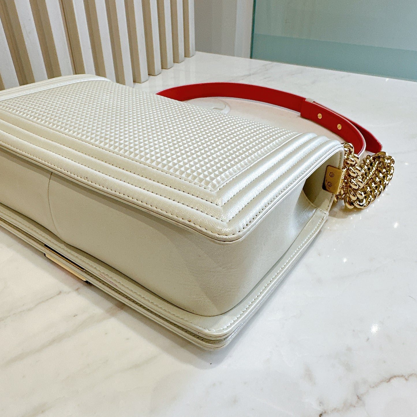 Chanel Metallic White Cube Embossed Leboy