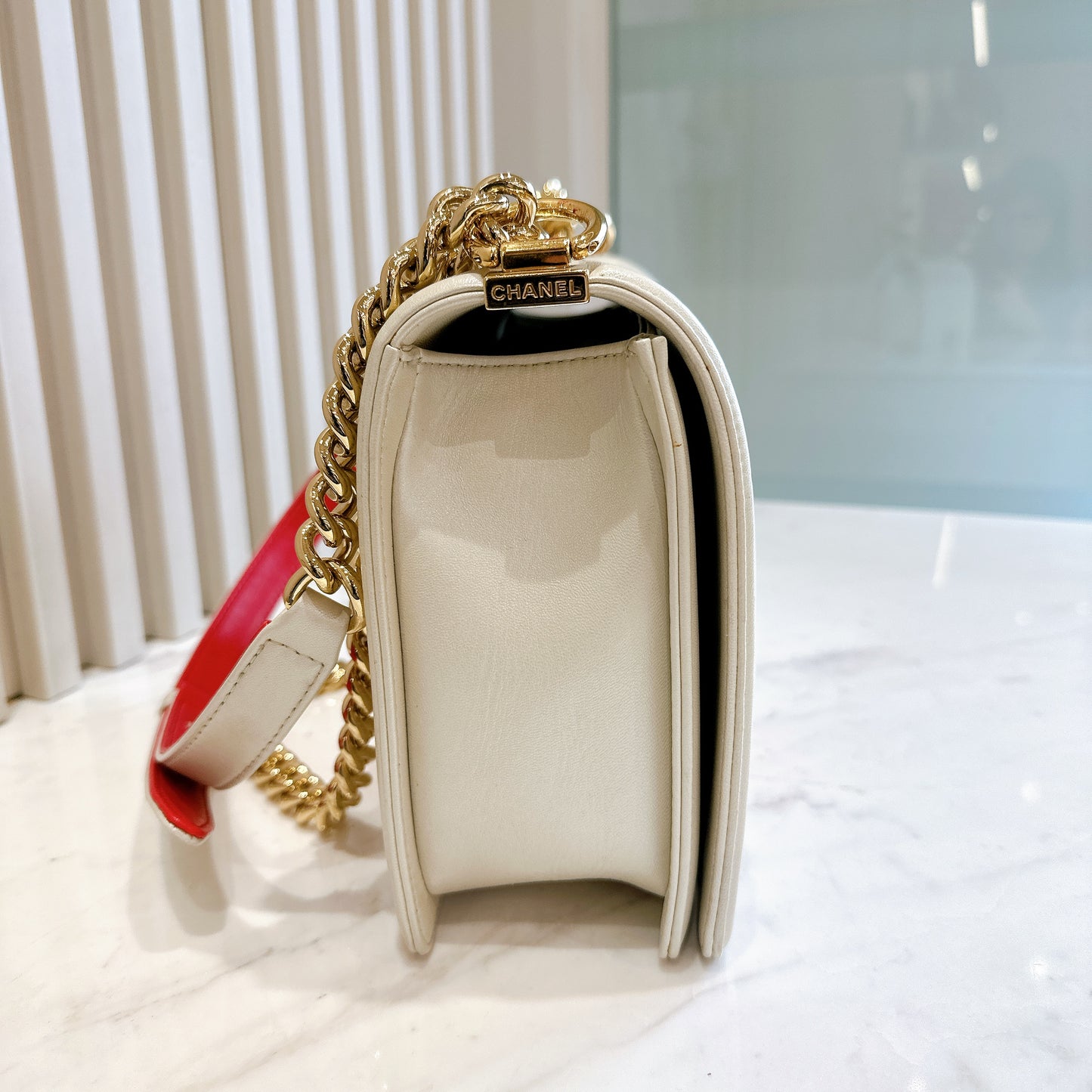 Chanel Metallic White Cube Embossed Leboy