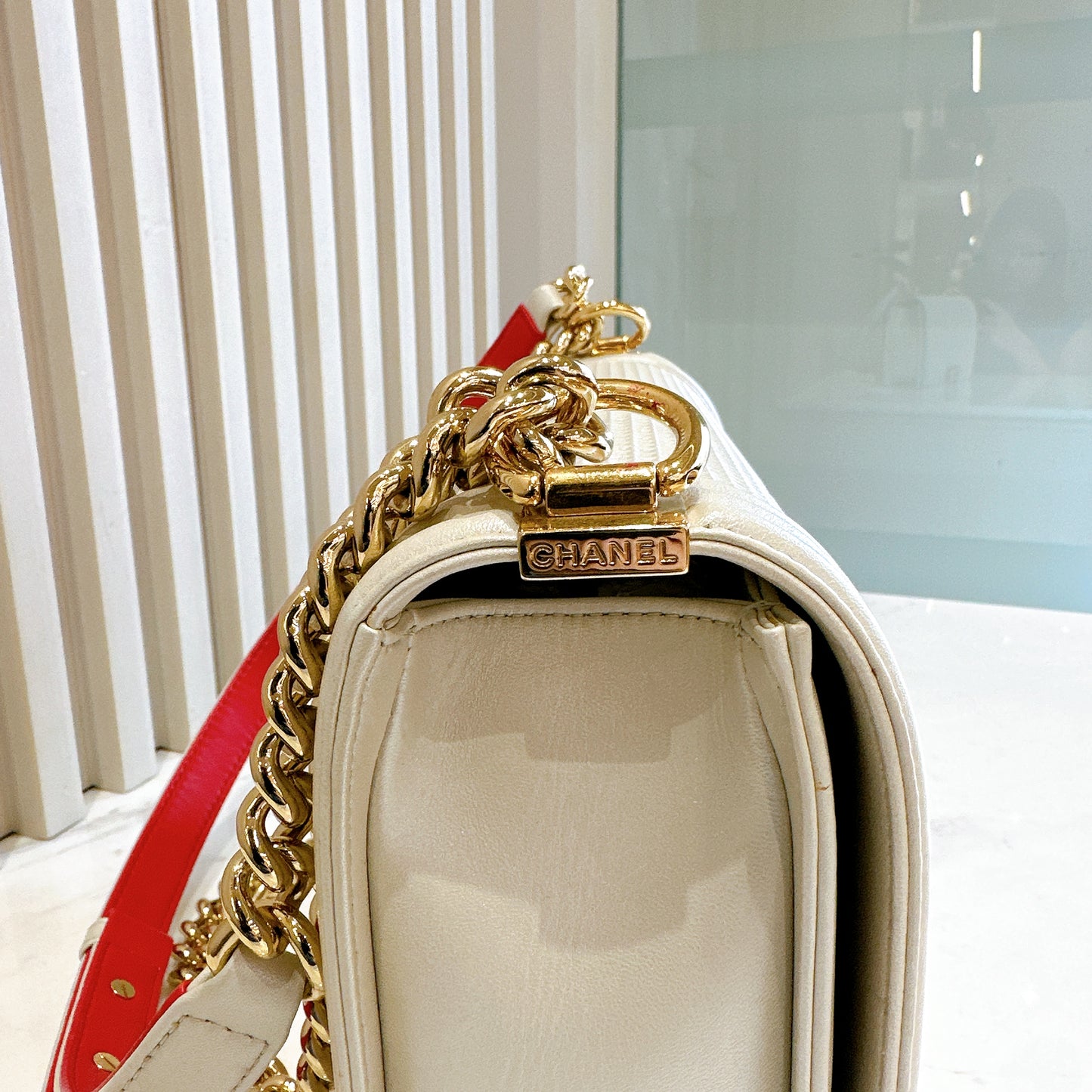 Chanel Metallic White Cube Embossed Leboy
