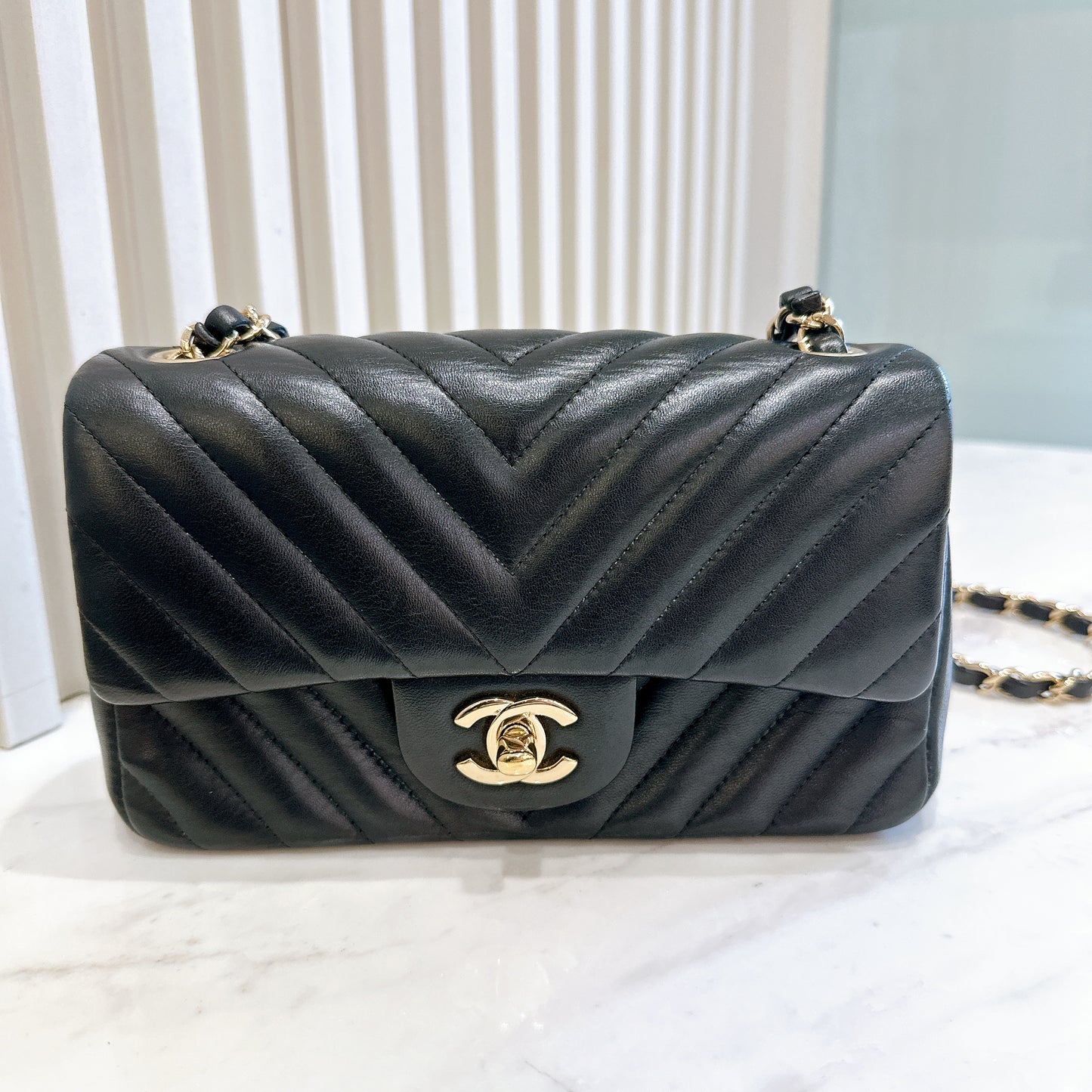 Chanel Mini Rectangular in Chevron Black GHW