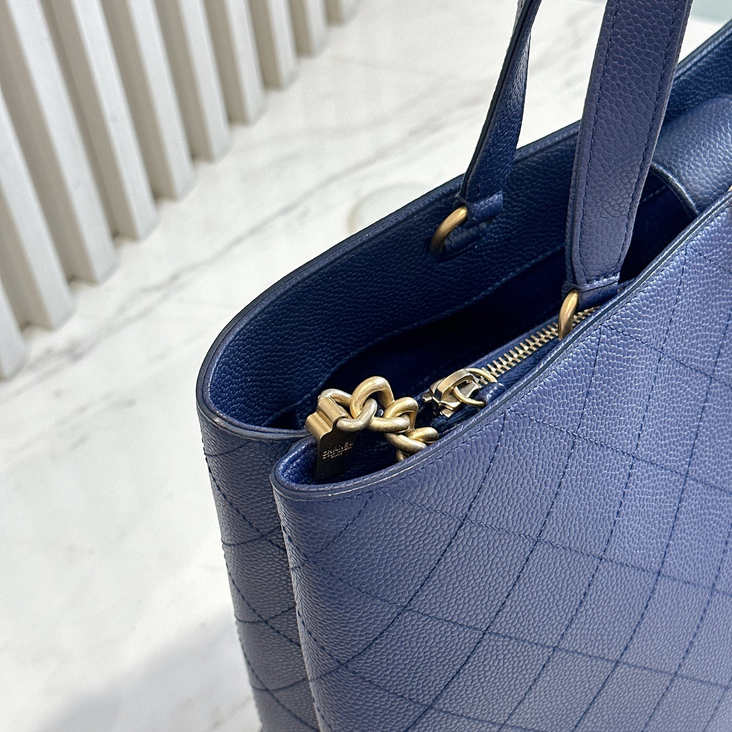 Chanel Caviar Stitched Large Shopping Tote Bag in Blue