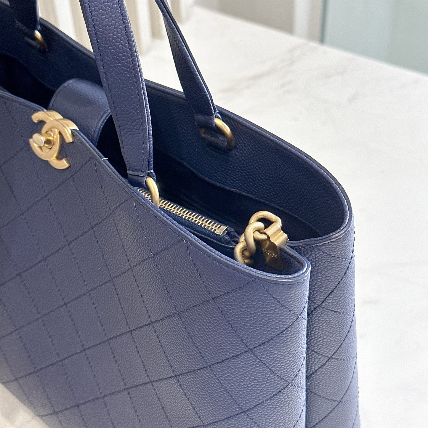 Chanel Caviar Stitched Large Shopping Tote Bag in Blue