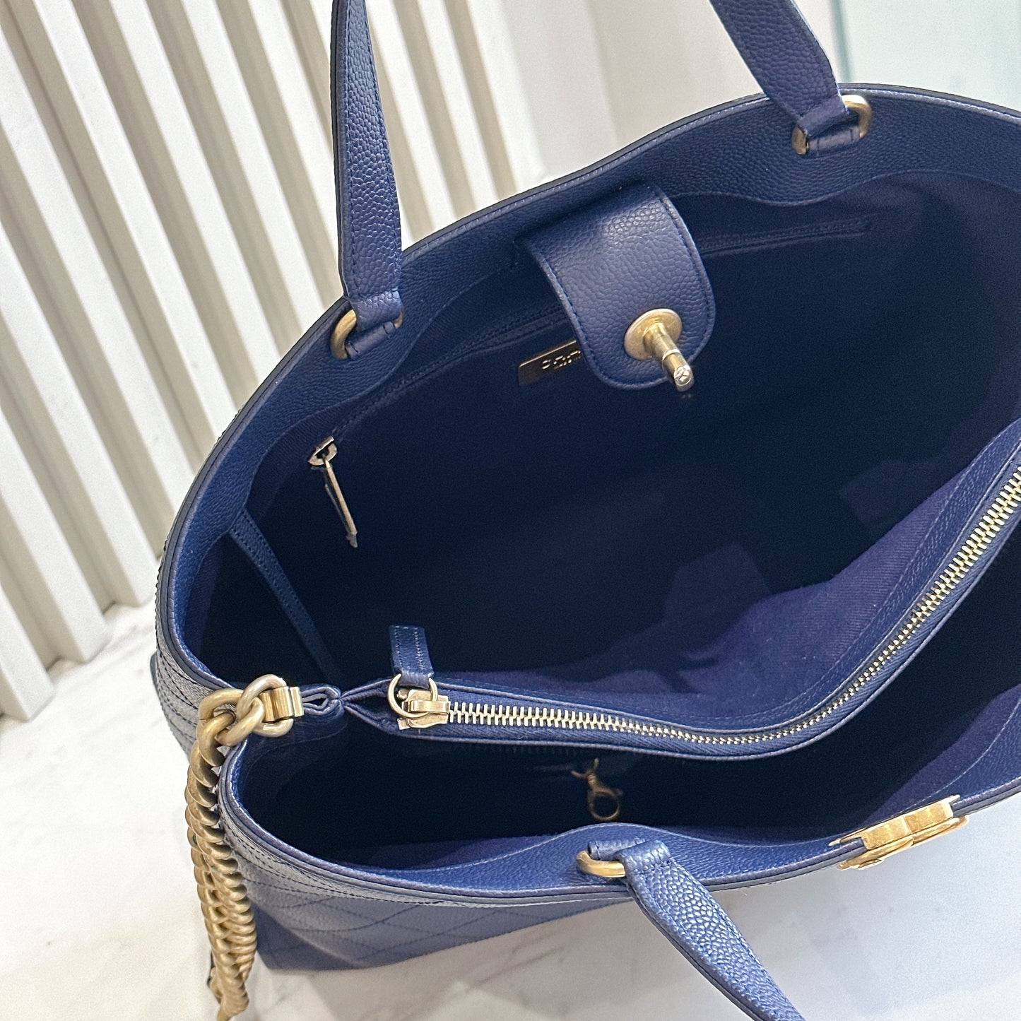 Chanel Caviar Stitched Large Shopping Tote Bag in Blue