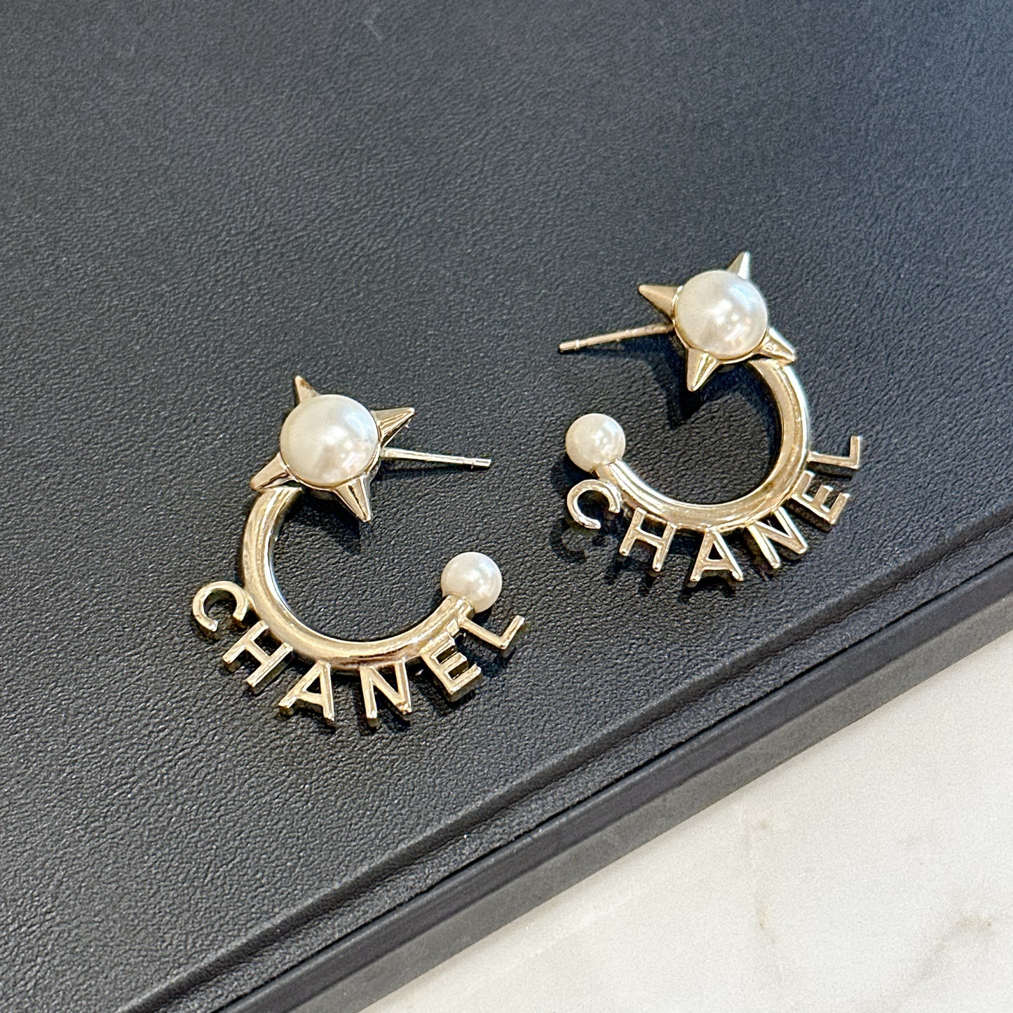 Chanel Pearl Logo Hoop Earring