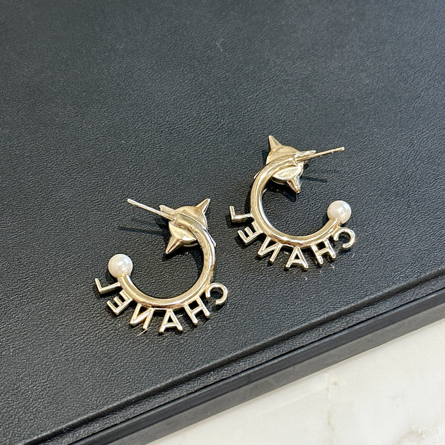 Chanel Pearl Logo Hoop Earring
