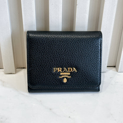 Prada Tri Fold Black Wallet in Calfskin