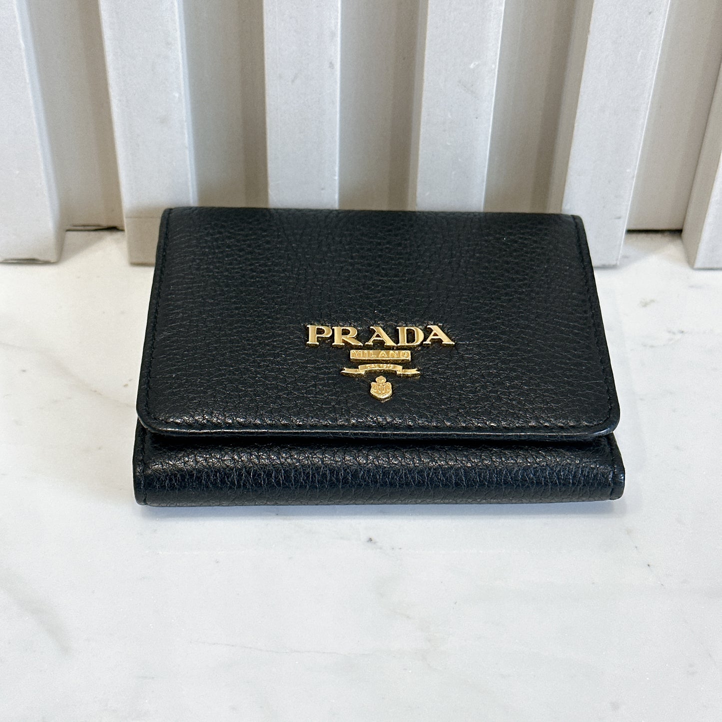 Prada Tri Fold Black Wallet in Calfskin