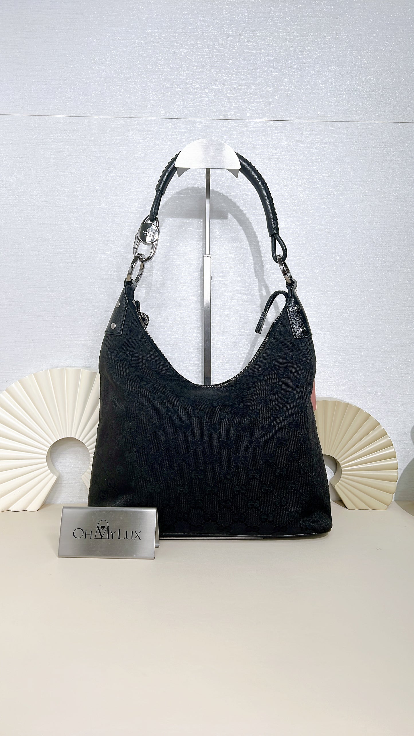 Gucci GG Canvas Black Hobo in Pig Leather