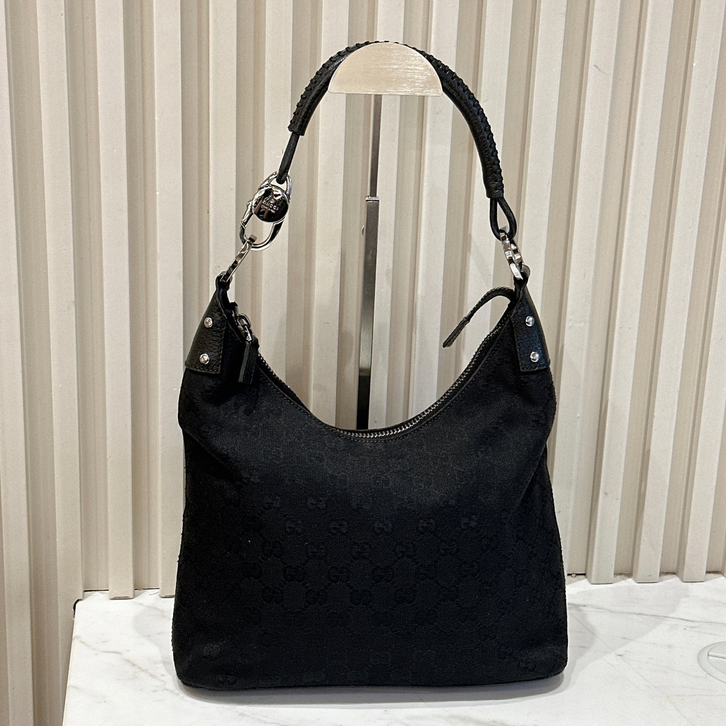 Gucci GG Canvas Black Hobo in Pig Leather