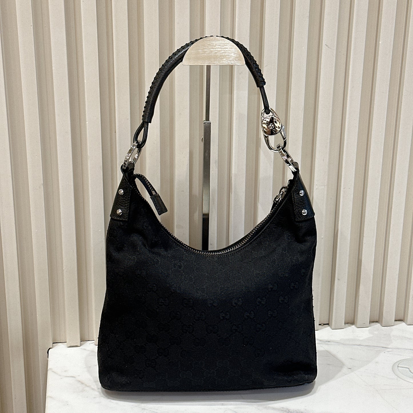 Gucci GG Canvas Black Hobo in Pig Leather