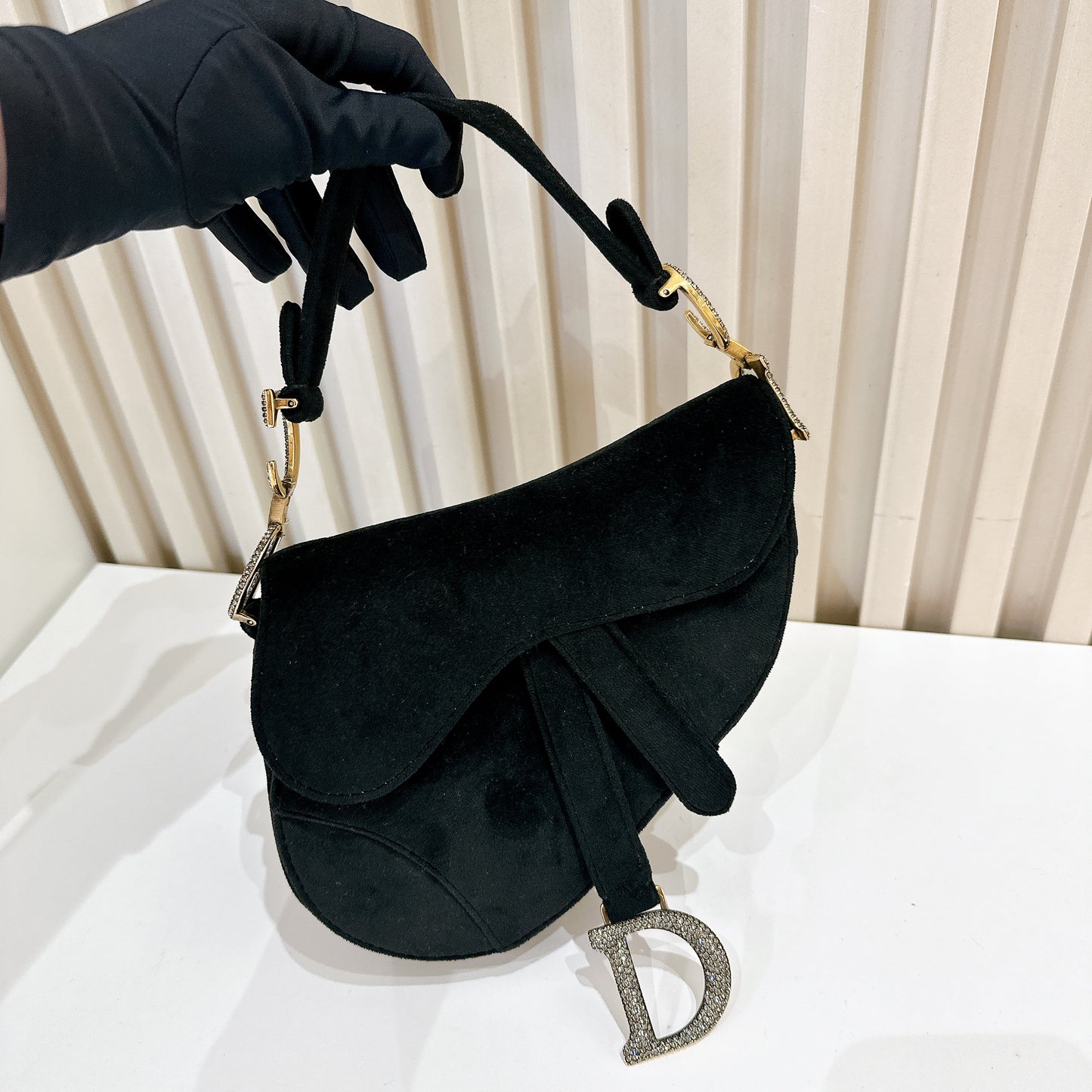 Dior Diamante Mini Saddle in Black Velvet
