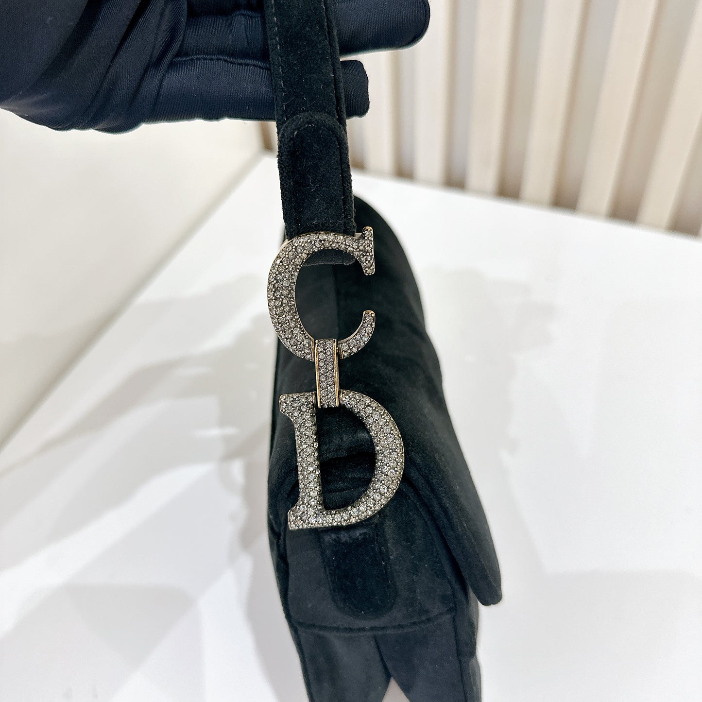 Dior Diamante Mini Saddle in Black Velvet