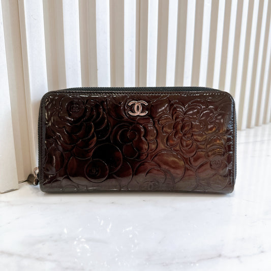 Chanel Patent Camellia Zippy Wallet