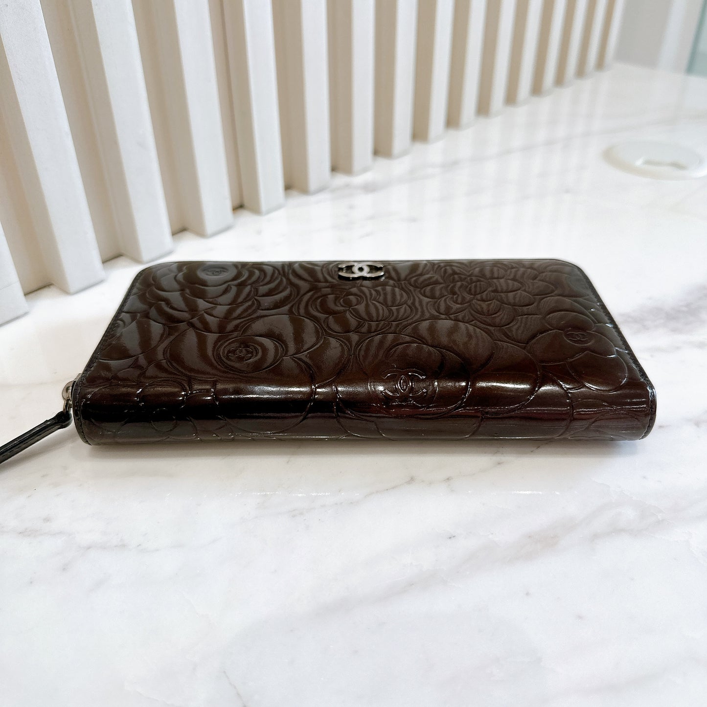 Chanel Patent Camellia Zippy Wallet