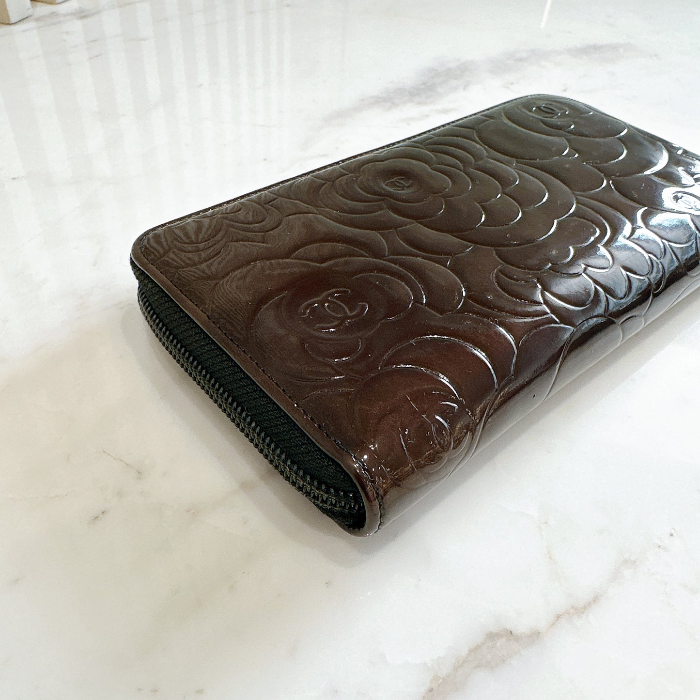 Chanel Patent Camellia Zippy Wallet