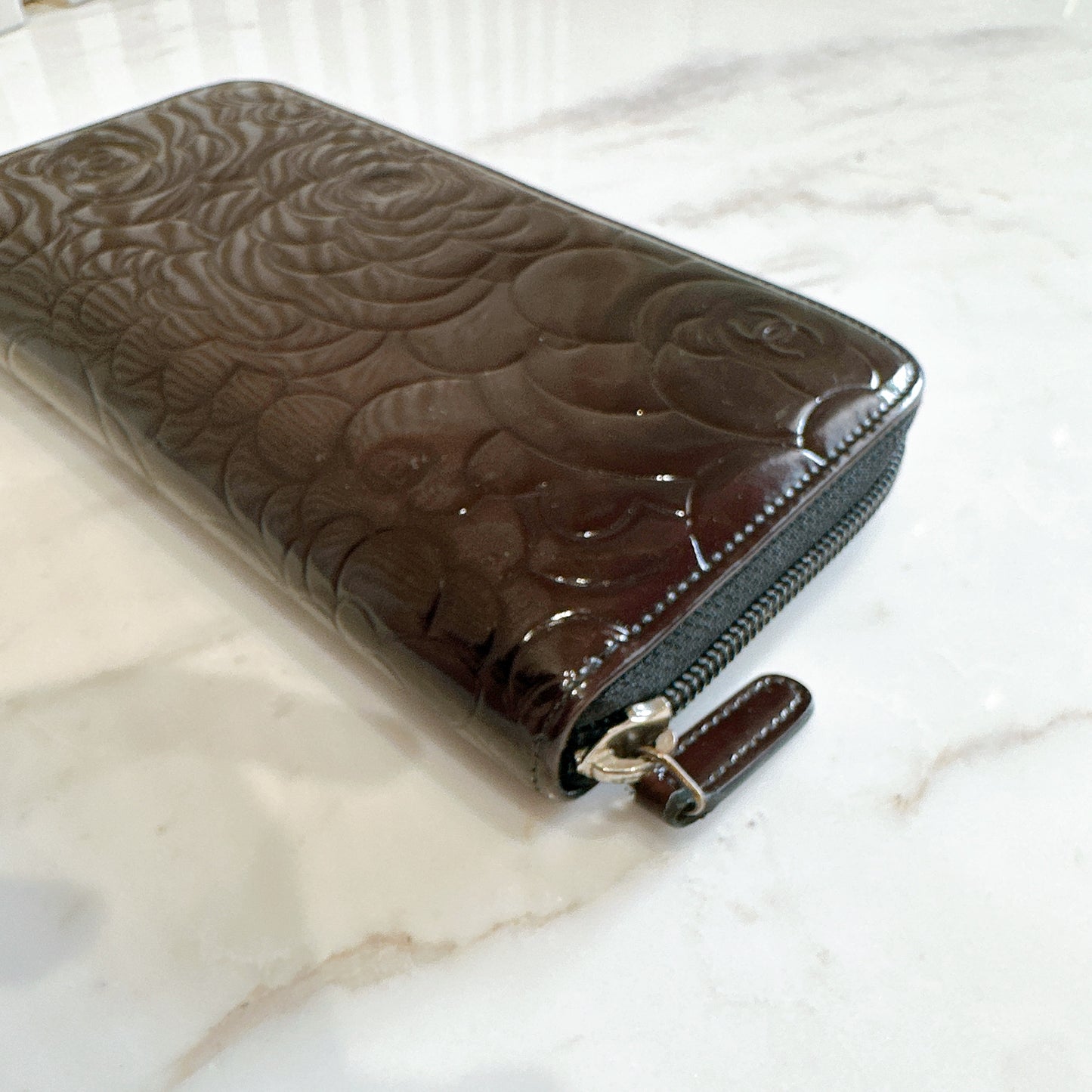 Chanel Patent Camellia Zippy Wallet