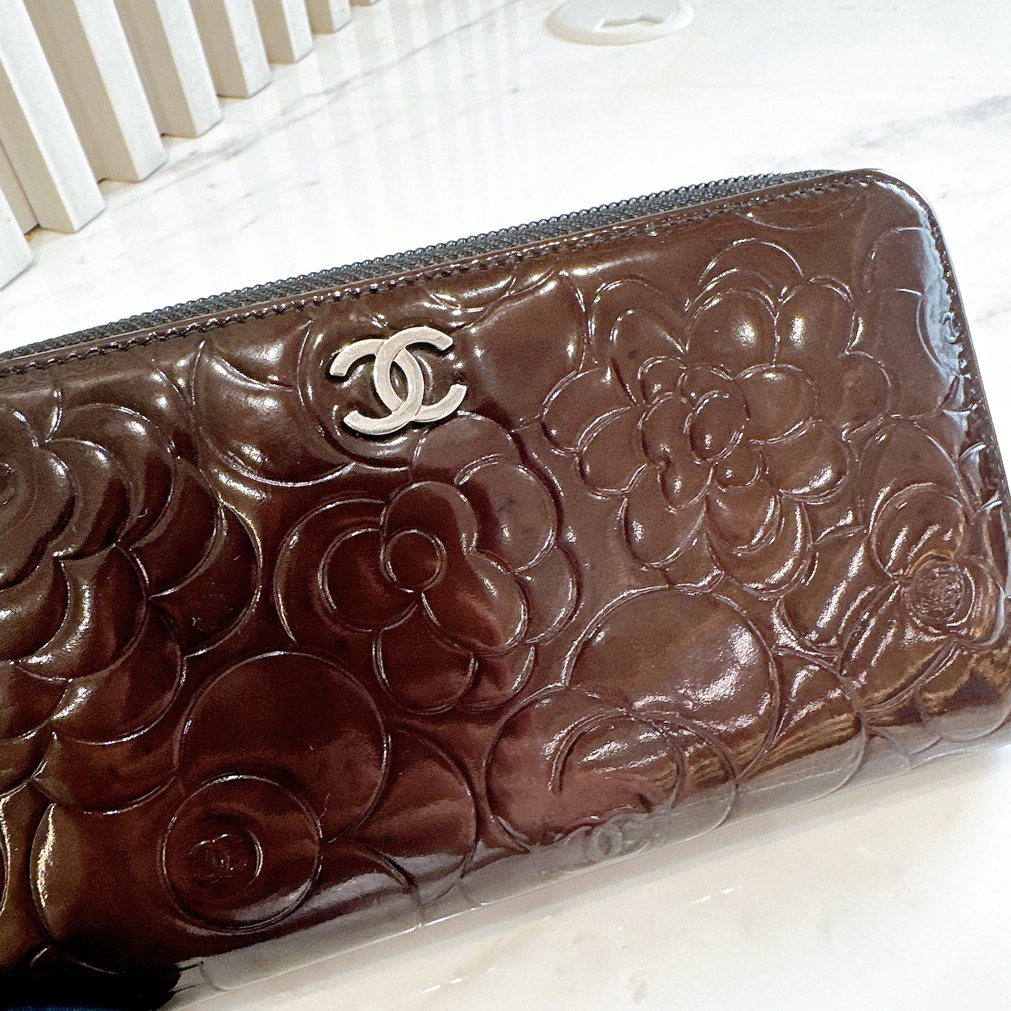 Chanel Patent Camellia Zippy Wallet