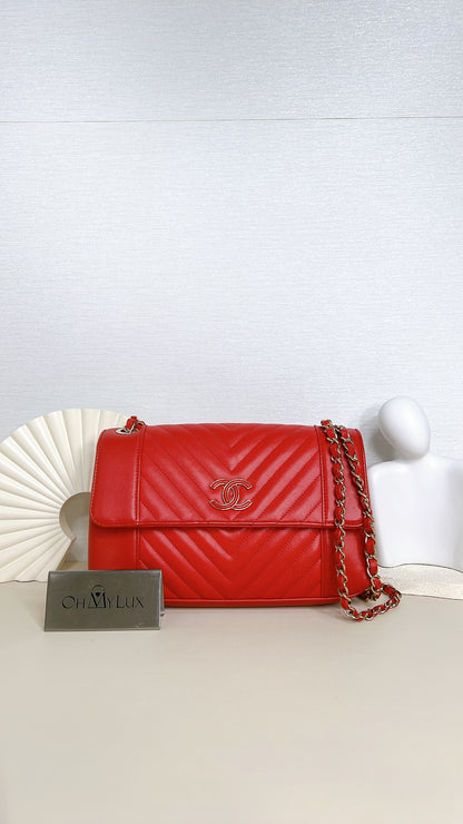 Chanel Red Chevron Leather Flap Handbag