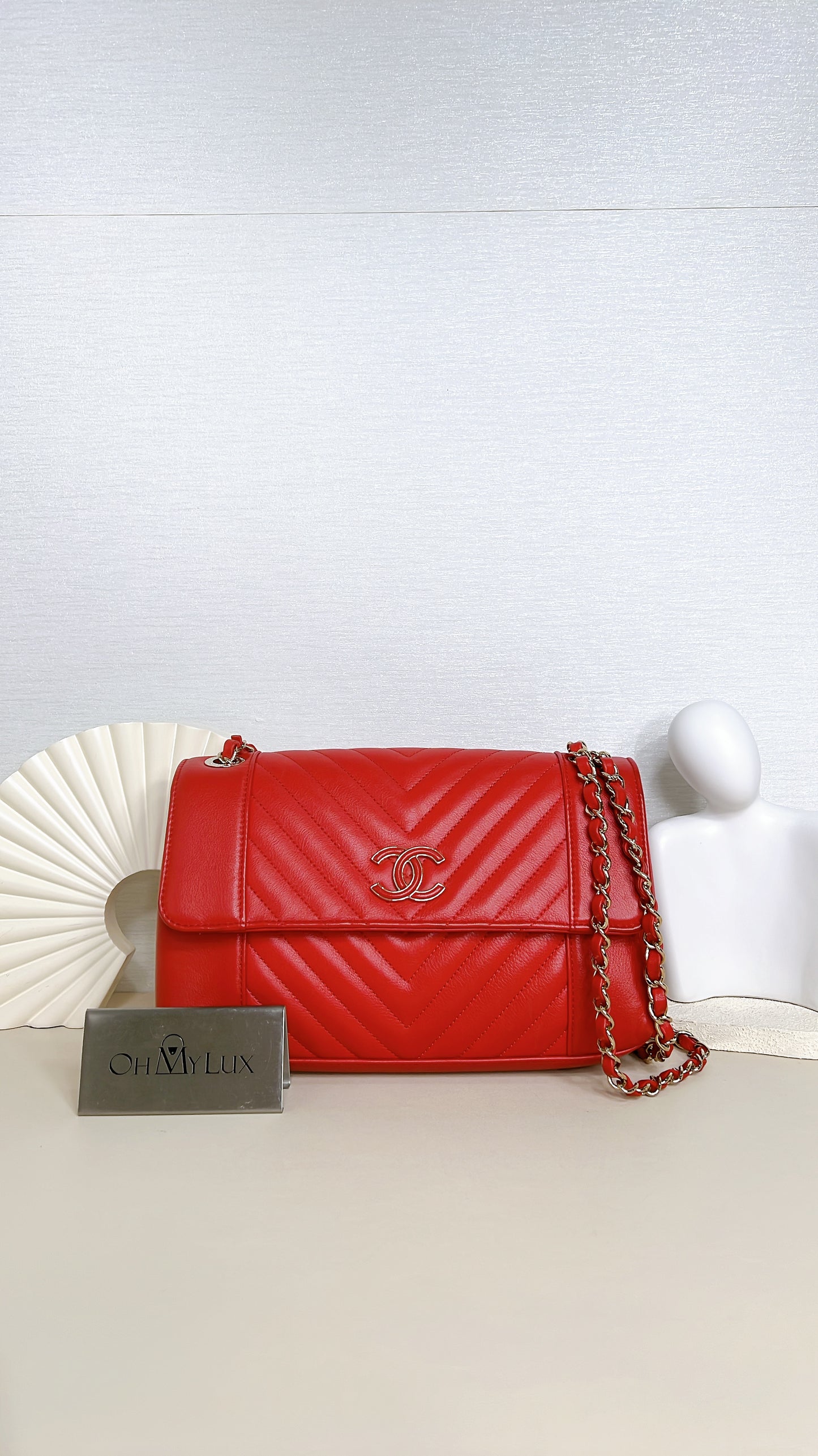 Chanel Red Chevron Leather Flap Handbag