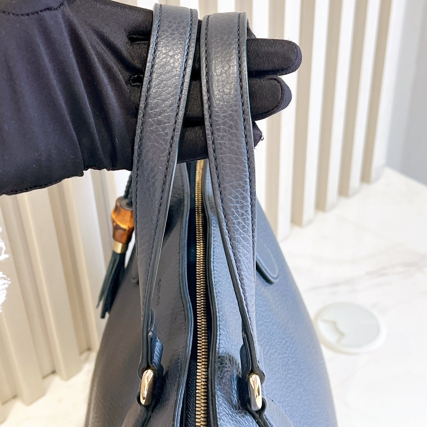 Gucci Bamboo Tassel Calfskin Top Handle Bag Soft Black