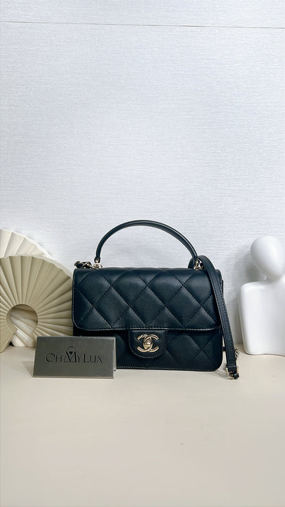 Chanel 21B Top Handle Quilted Black Flap Bag