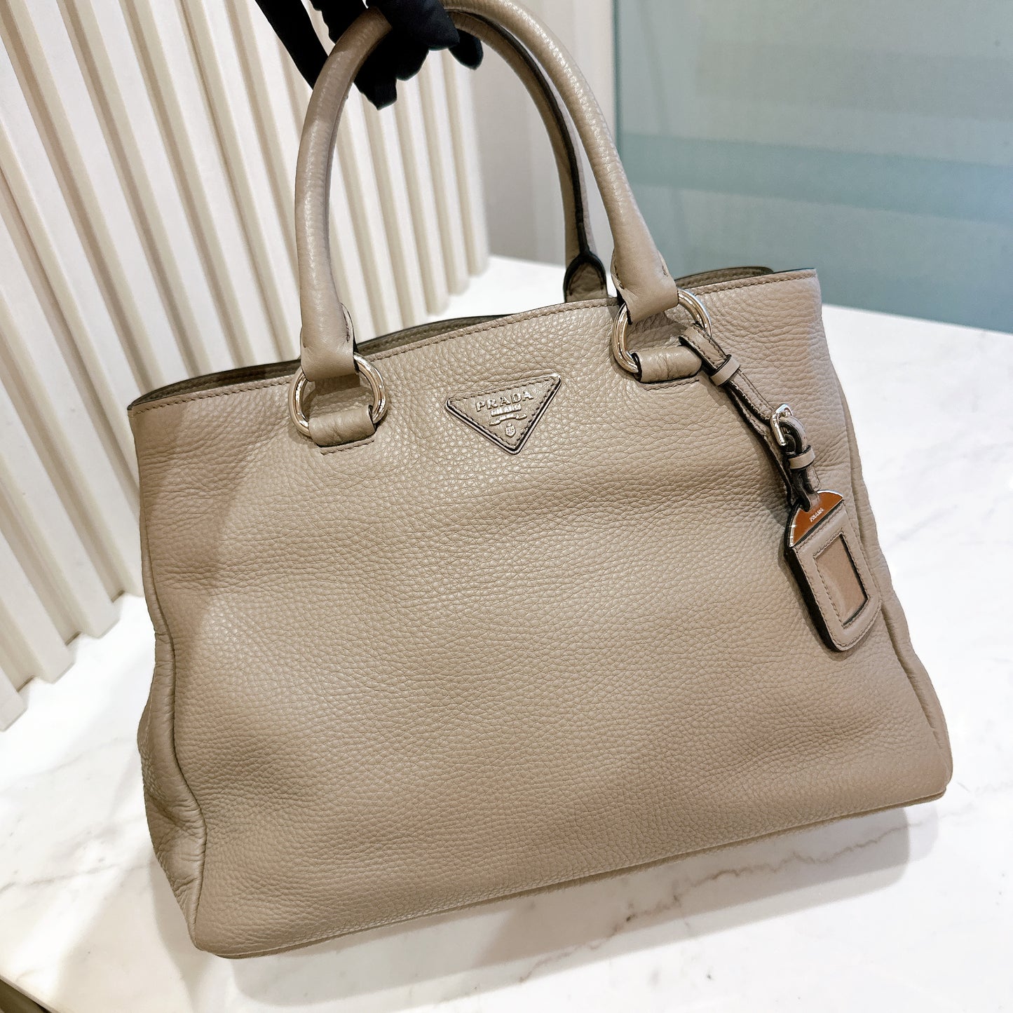 Prada Vitello Daino Leather Shopping Tote in Grey