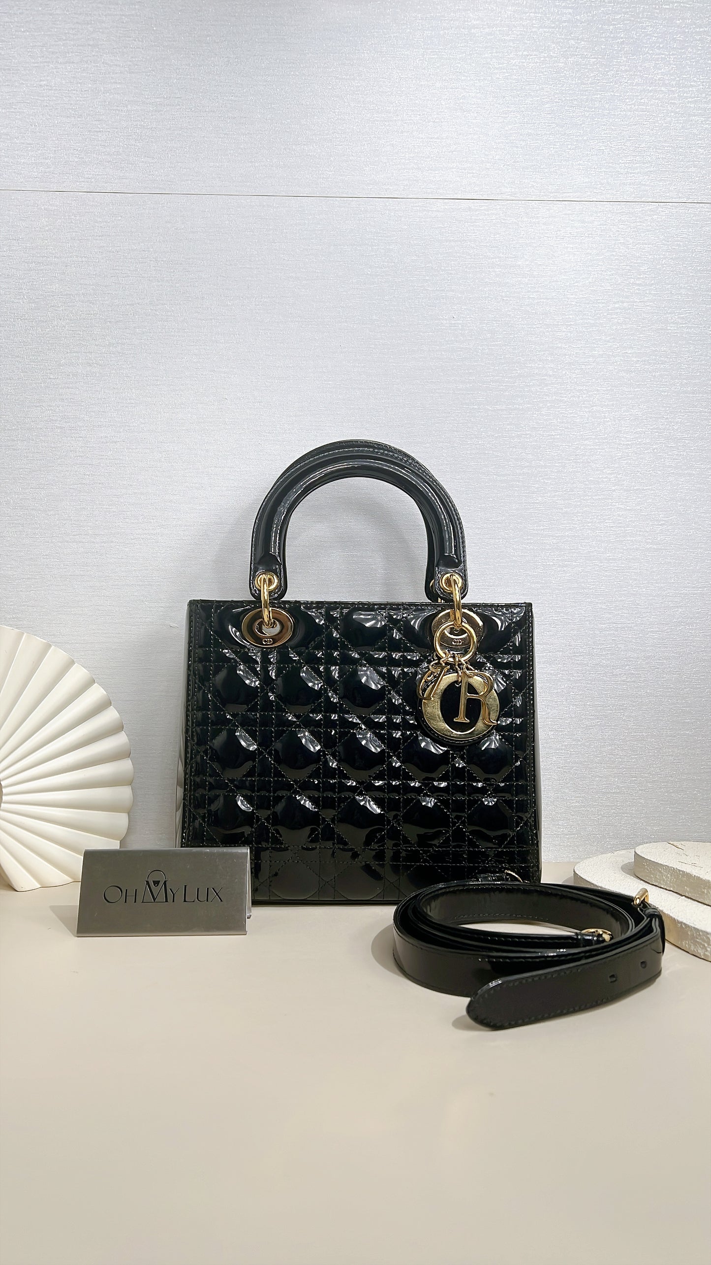 Lady Dior Medium in Black Patent GHW