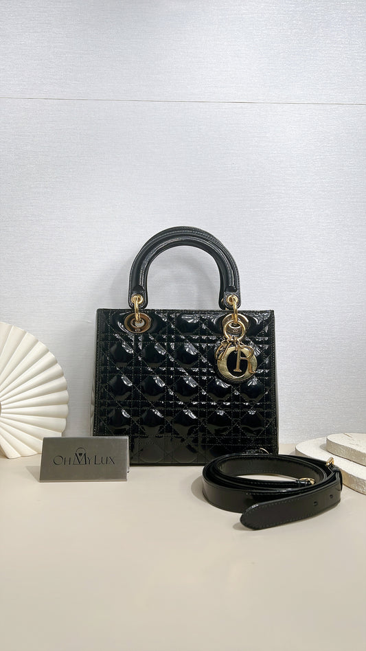 Lady Dior Medium in Black Patent GHW