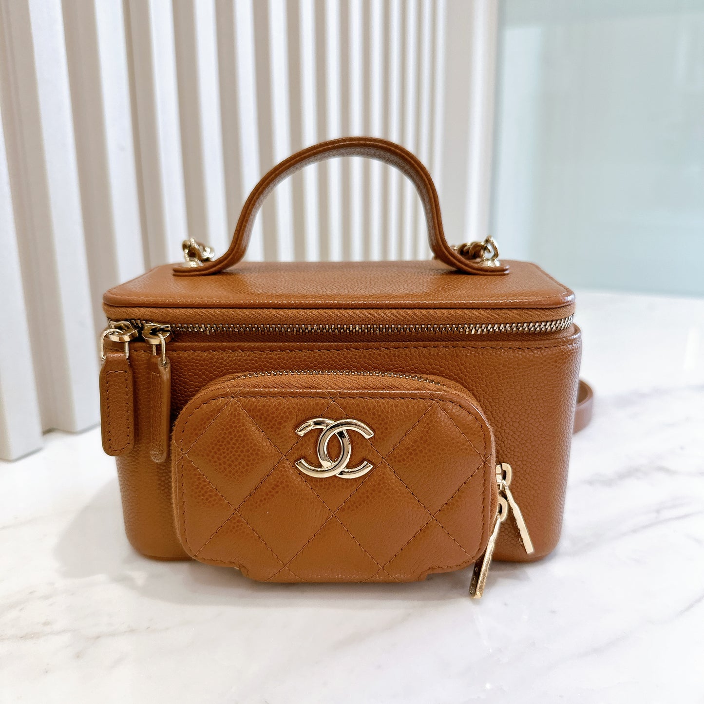 Chanel Caviar Quilted Top Handle Pocket Vanity Case Camel