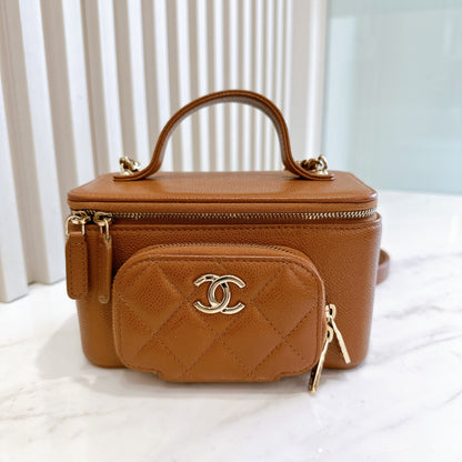 Chanel Caviar Quilted Top Handle Pocket Vanity Case Camel