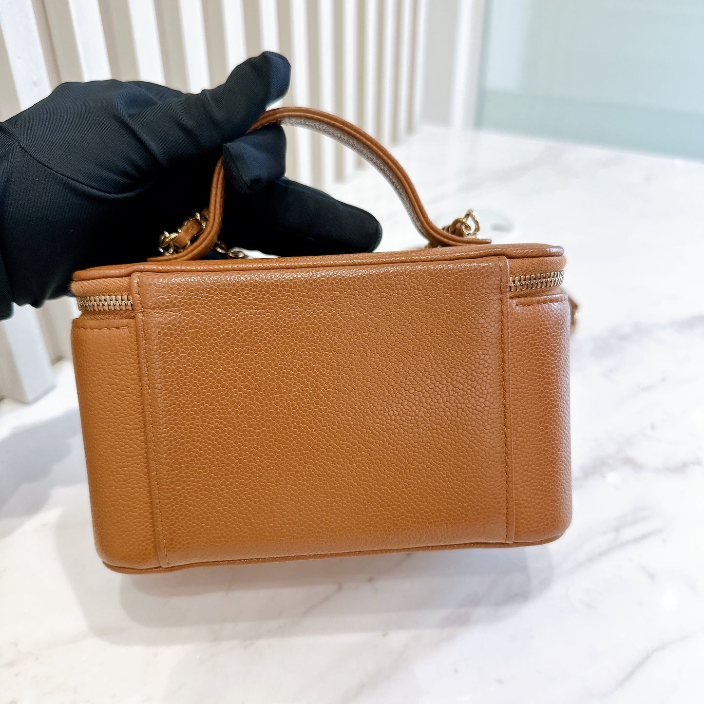Chanel Caviar Quilted Top Handle Pocket Vanity Case Camel